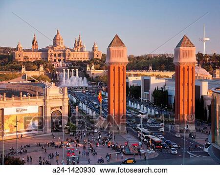 Venetian Towers at the Pla? a d? Espanya. Montjuich National Palace and fountains in background. Barcelona, Catalonia, Spain View Large Photo Image Stock Image - Venetian Towers at the Pla? a d? Espanya. Montjuich National Palace and fountains in background. Barcelona, Catalonia, Spain. Fotosearch