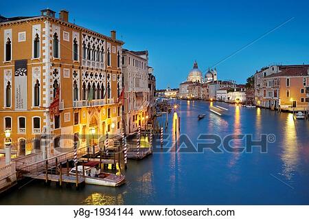 Picture - Venice - Canal Grande by night (Grand Canal), view from Accademia Bridge to Basilica Santa Maria della Salute, Venice, Italy, UNESCO.. Fotosearch