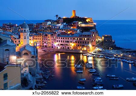 Stock Image - Vernazza at Dusk Cinque Terre Liguria Italy.. Fotosearch
