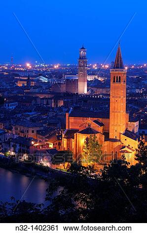 Verona Santa Anastasia church and Torre dei Lamberti at Dusk Adige river Veneto Italy Europe. View Large Photo Image Stock Image - Verona Santa Anastasia church and Torre dei Lamberti at Dusk Adige river Veneto Italy Europe.. Fotosearch
