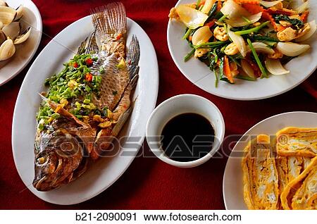 Vietnam. Food: Clams, fried fish, chicken with vegetables, omelette and Soy sauce. View Large Photo Image Stock Image - Vietnam. Food: Clams, fried fish, chicken with vegetables, omelette and Soy sauce.. Fotosearch