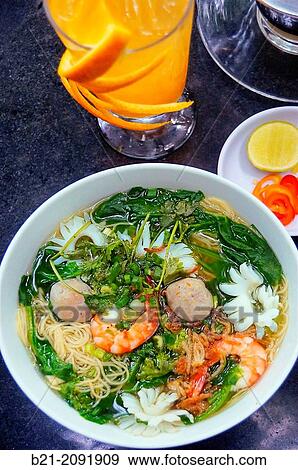 Vietnam. Hanoi. Food: noodles soup with vegetables, meat balls, shrimps, squids,.. View Large Photo Image Stock Photo - Vietnam. Hanoi. Food: noodles soup with vegetables, meat balls, shrimps, squids,... Fotosearch