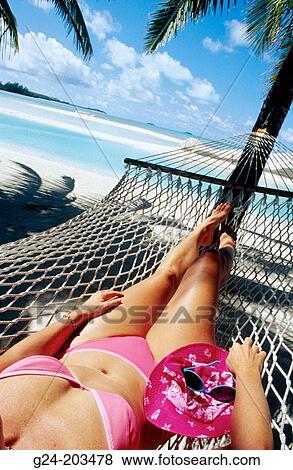 View down past bathing suit and legs of woman relaxing on hammock. Cook Island View Large Photo Image Stock Photo - View down past bathing suit and legs of woman relaxing on hammock. Cook Island. Fotosearch