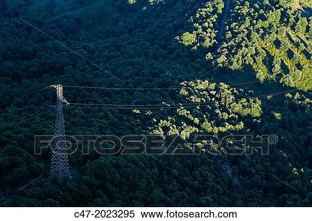 View from El Far (Susqueda) over electric pylon to Sant Marti de Sacalm, La Selva area, Girona province, Catalonia, Spain View Large Photo Image Stock Photography - View from El Far (Susqueda) over electric pylon to Sant Marti de Sacalm, La Selva area, Girona province, Catalonia, Spain. Fotosearch