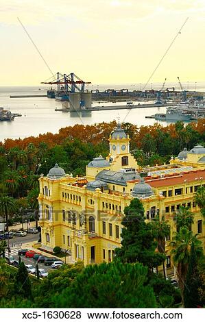 View from Gibralfaro, City Hall and port at dusk, MBlaga Costa del Sol, Andalusia, Spain, Europe View Large Photo Image Stock Photo - View from Gibralfaro, City Hall and port at dusk, MBlaga Costa del Sol, Andalusia, Spain, Europe. Fotosearch