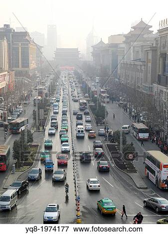 Stock Photo - View of Drum Tower from Nanmen South Gate, Xian, Silkroad, China. Fotosearch
