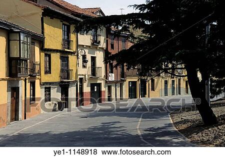 View of empty street and exterior of houses, Leon, Spain. View Large Photo Image Stock Photo - View of empty street and exterior of houses, Leon, Spain.. Fotosearch