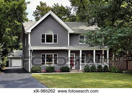 View of gray house with front porch View Large Photo Image Stock Image - View of gray house with front porch. Fotosearch