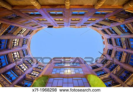 Stock Photo - View of inner courtyard, Casa Mila, La Pedrera, Barcelona, Catalonia, Spain.. Fotosearch