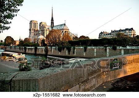 Stock Image - View of Notre Dame and Seine River, Paris, France. Fotosearch