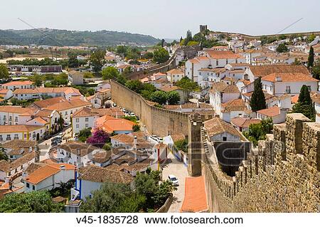 View of Obidos from the city wall, Castelo de Obidos, Obidos Castle, Obidos, Leiria District, Pinhal Litoral, Portugal. View Large Photo Image Stock Photo - View of Obidos from the city wall, Castelo de Obidos, Obidos Castle, Obidos, Leiria District, Pinhal Litoral, Portugal.. Fotosearch