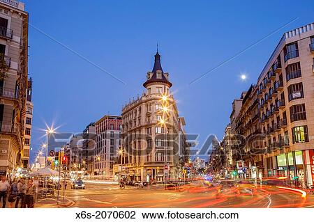 Stock Image - View of Pelai and Ronda Universitat streets from Universitat square in Barcelona city, Spain.. Fotosearch