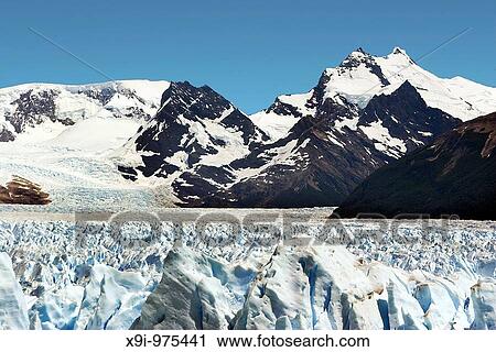 Stock Image - View of Perito Moreno Glacier and mountain backdrop in Los Glaciares National Park, Argentina. Fotosearch
