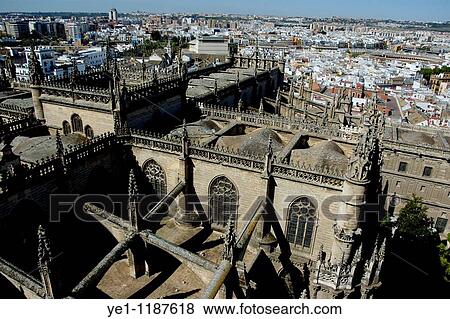 Stock Photo - View of Seville Cathedral and cityscape from the Giralda Tower, Seville, Andalusia, Spain.. Fotosearch