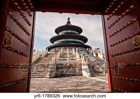 View of the Hall of Prayer for Good Harvests known as the Temple of Heaven during summer in Beijing, China View Large Photo Image Stock Photograph - View of the Hall of Prayer for Good Harvests known as the Temple of Heaven during summer in Beijing, China. Fotosearch