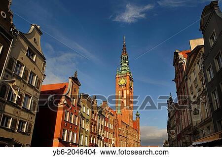 View of the town hall tower bell from the Long Market street, Gdansk, Poland. View Large Photo Image Picture - View of the town hall tower bell from the Long Market street, Gdansk, Poland.. Fotosearch