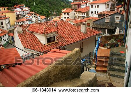 Picture - View of the village of Cudillero Asturias. Fotosearch