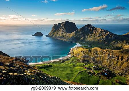 View of Vik and Haukland beaches from summit of Holandsmelen mountain peak, Vestvagoy, Lofoten Islands, Norway. View Large Photo Image Stock Photo - View of Vik and Haukland beaches from summit of Holandsmelen mountain peak, Vestvagoy, Lofoten Islands, Norway.. Fotosearch