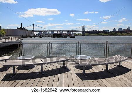 Stock Image - View of Williamsburg Bridge from pier, Williamsburg, Brooklyn, New York City, USA. Fotosearch