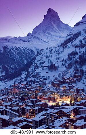 View of ZERMATT & Matterhorn / Evening / Winter. Zermatt. Wallis/Valais. Switzerland. View Large Photo Image Stock Image - View of ZERMATT & Matterhorn / Evening / Winter. Zermatt. Wallis/Valais. Switzerland.. Fotosearch