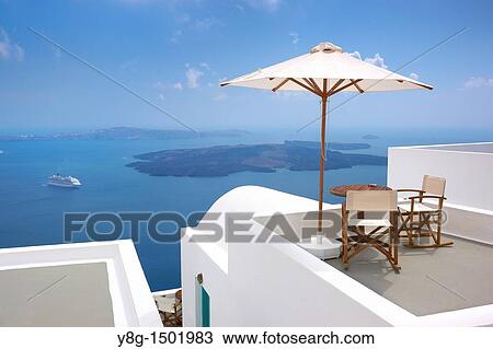 Stock Image - View over sea from Fira, Santorini Island, Cyclades, Greece. Fotosearch