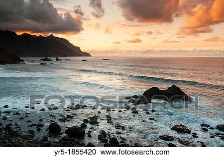 Stock Image - View over surfers beach at Benijo in the Anaga mountains on Tenerife, Canary Islands, Spain. Fotosearch