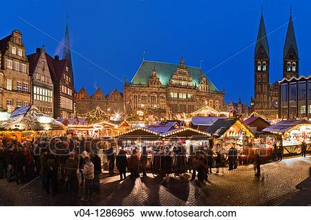 View over the christmas market at dusk. Town hall and cathedral in background. Marktplatz. Bremen, Germany. View Large Photo Image Stock Photography - View over the christmas market at dusk. Town hall and cathedral in background. Marktplatz. Bremen, Germany.. Fotosearch
