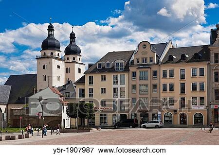 View over the old marketplace to the Protestant Lutheran Church of St John, oldest church of Plauen, Vogtland, Saxony, Germany, Europe View Large Photo Image Stock Photo - View over the old marketplace to the Protestant Lutheran Church of St John, oldest church of Plauen, Vogtland, Saxony, Germany, Europe. Fotosearch