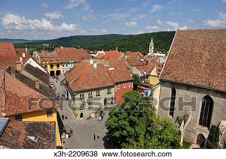 view over the Old Town from the Clock Tower, Sighisoara, Transylvania, Romania, Southeastern and Central Europe. View Large Photo Image Stock Photo - view over the Old Town from the Clock Tower, Sighisoara, Transylvania, Romania, Southeastern and Central Europe.. Fotosearch