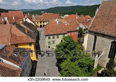 Stock Photography - view over the Old Town from the Clock Tower, Sighisoara, Transylvania, Romania, Southeastern and Central Europe.. Fotosearch