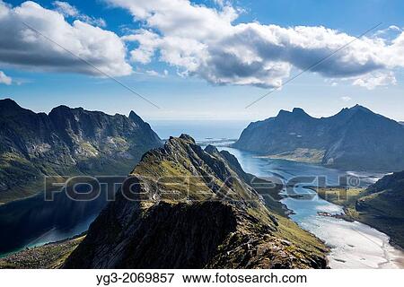 Stock Photo - View towards Reine from near summit of Helvetestinden, Moskenesoy, Lofoten Islands, Norway.. Fotosearch