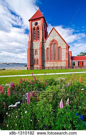 Stock Image - Views of the Anglican Christ Church Cathedral the southernmost cathedral in the world in Stanley, the capital and only true city in the Falkland Islands, South Atlantic Ocean. Fotosearch