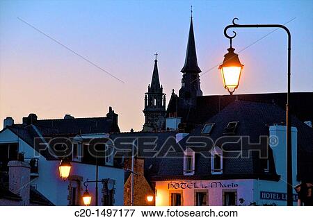 Village and church of Saint Goustan harbour, at dusk, AURAY, Brittany, France View Large Photo Image Stock Photo - Village and church of Saint Goustan harbour, at dusk, AURAY, Brittany, France. Fotosearch