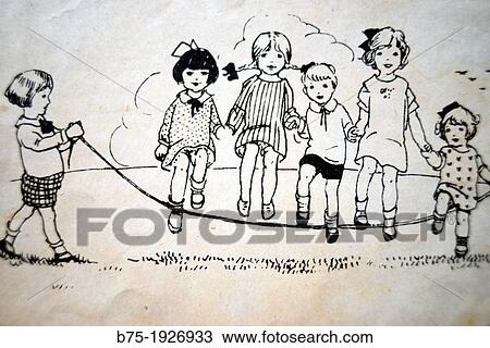 Stock Image - vintage illustration of group of children playing jumping a rope. Fotosearch