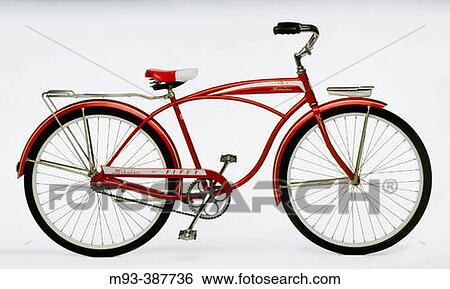 Stock Photograph - Vintage red and white 1950? s-era bicycle; white background. Fotosearch