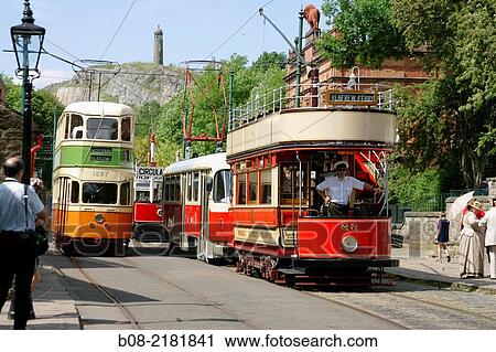 Stock Image - Vintage tram at The National Tramway Museum, Crich, Derbyshire, UK.. Fotosearch