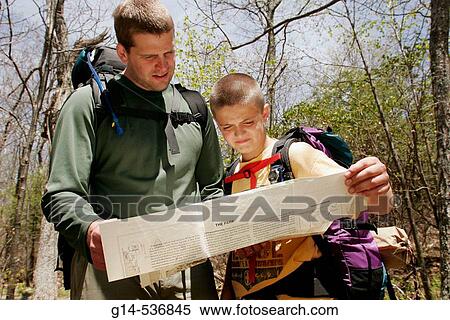 Stock Photography - Virginia, Shenandoah National Park, Mile Marker 43, Stony Man Mountain Overlook Trail, hikers, trail guide,. Fotosearch
