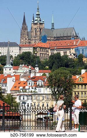 Stock Photo - Vltava river with Prague Castle in background, Prague, Czech Republic. Fotosearch