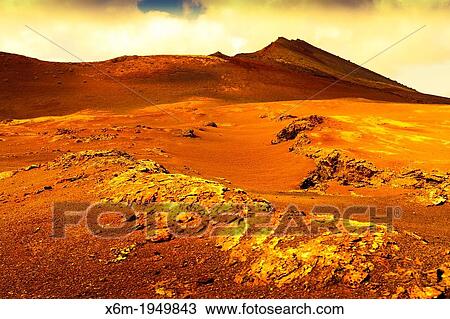 Stock Image - Volcanic landscape. Timanfaya National Park. Lanzarote, Canary Islands, Atlantic Ocean, Spain.. Fotosearch