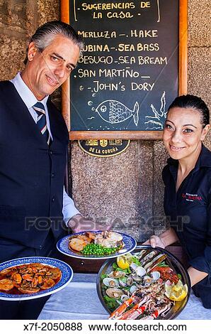 Stock Photo - Waiters, Cerveceria La Marina, Callej? n de la Estacada 10, Corua city, Galicia, Spain. Fotosearch