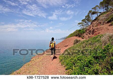 Stock Photo - Walker, Es Coll des Pi, Banyalbufar, Sierra de Tramuntana, Majorca, Balearic Islands, Spain. Fotosearch