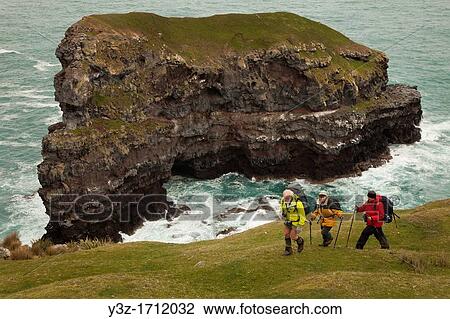 Stock Image - Walkers enjoy views of spectacular coastal cliffs, between Flea and Stony bays, Banks Peninsula Walk. Fotosearch