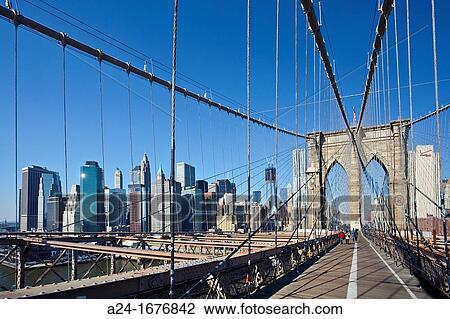 Walkway, Brooklyn Bridge and downtown Manhattan, New York City, USA View Large Photo Image Stock Image - Walkway, Brooklyn Bridge and downtown Manhattan, New York City, USA. Fotosearch