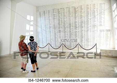 Stock Image - Wall listing fallen seamen USS Arizona Memorial Pearl Harbor Pacific National Monument Hawaii Battleship Row. Fotosearch