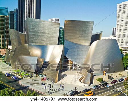 Stock Photo - Walt Disney Concert Hall and Downtown Los Angeles. Disney Hall was designed by architect Frank Gehry. Los Angeles, California. Fotosearch