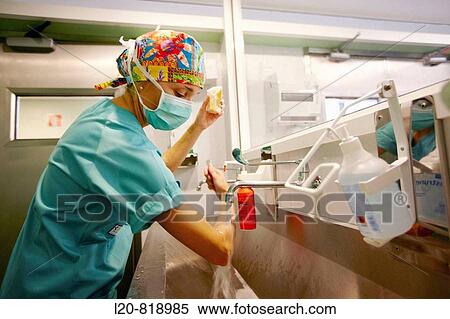 Stock Photography - Washing hands, department of surgery. Hospital Universitario de Gran Canaria Doctor Negrin, Las Palmas de Gran Canaria. Canary Islands, Spain. Fotosearch
