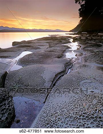 Stock Image - Water Erosion Patterns in Sandstone Rocks After Sunset, Hornby Island, British Columbia, Canada. Fotosearch