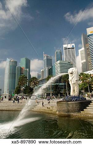 Water spray from Merlion (foreground) with city skyline in background, Singapore View Large Photo Image Stock Image - Water spray from Merlion (foreground) with city skyline in background, Singapore. Fotosearch