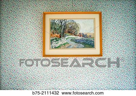 watercolor of a Yorkshire landscape, hung on a wall papered with a Liberty flowers wallpaper inside a house. England, UK, Europe. View Large Photo Image Stock Image - watercolor of a Yorkshire landscape, hung on a wall papered with a Liberty flowers wallpaper inside a house. England, UK, Europe.. Fotosearch