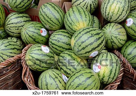 Watermelons on display outside a shop View Large Photo Image Stock Image - Watermelons on display outside a shop. Fotosearch